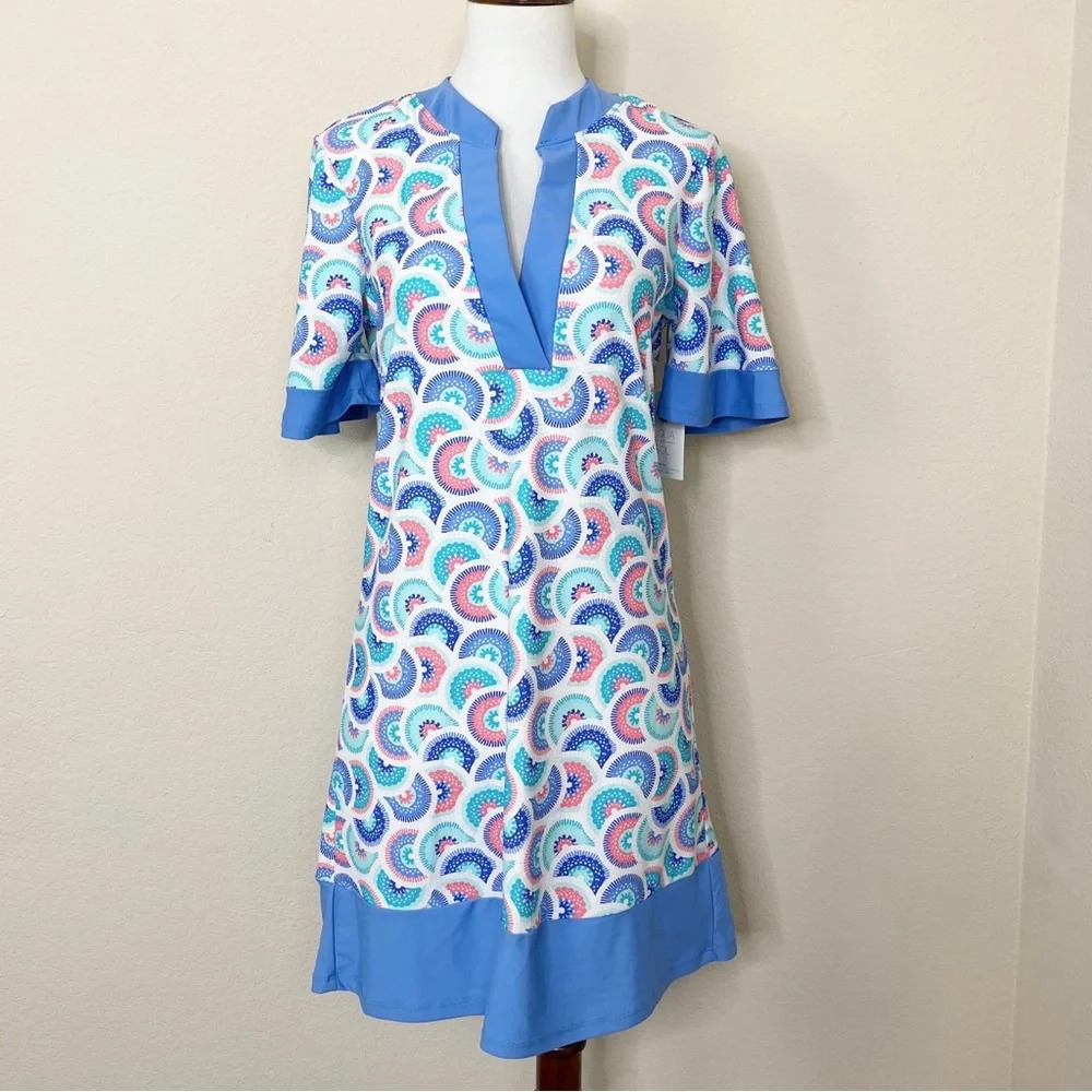 Aqua Et Sol Kaleidoscope Print V-Neck Short Sleeve UPF 50 Beach Coverup Dress
